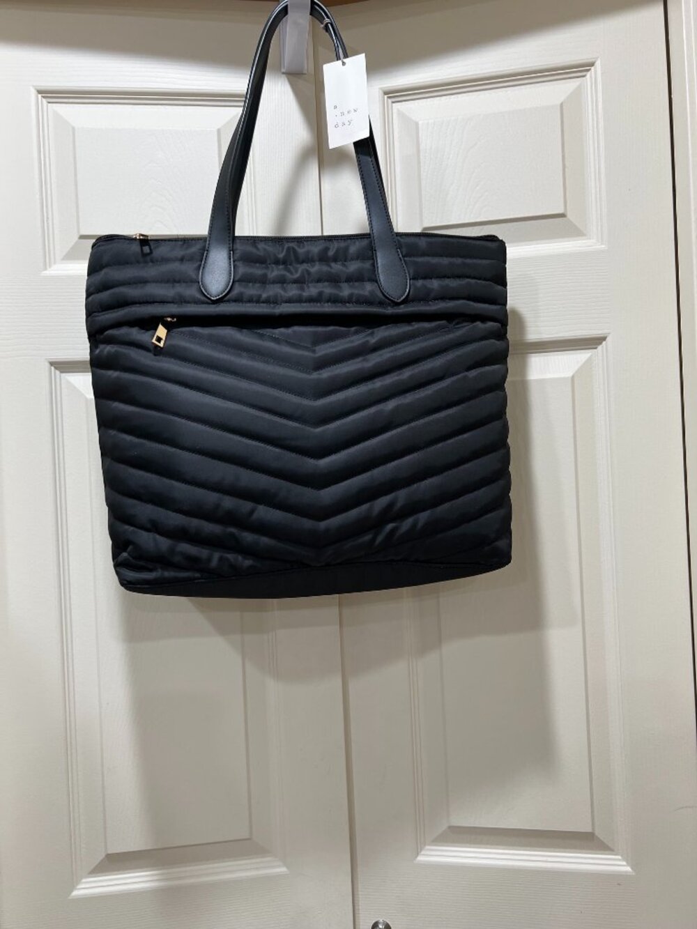 NWT A New Day Black Quilted Tote Bag Shoulder Handbag Zip Top Large